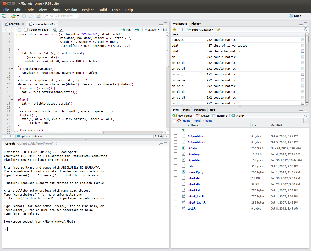 Screenshot of RStudio in Ubuntu Linux: Top left is for R script editor, or for viewing tabular data objects.  Top right has tabs for workspace and history. Bottom right has tabs for files, plots, packages, or help. Bottom left is the console for typing R expressions for evaluation.