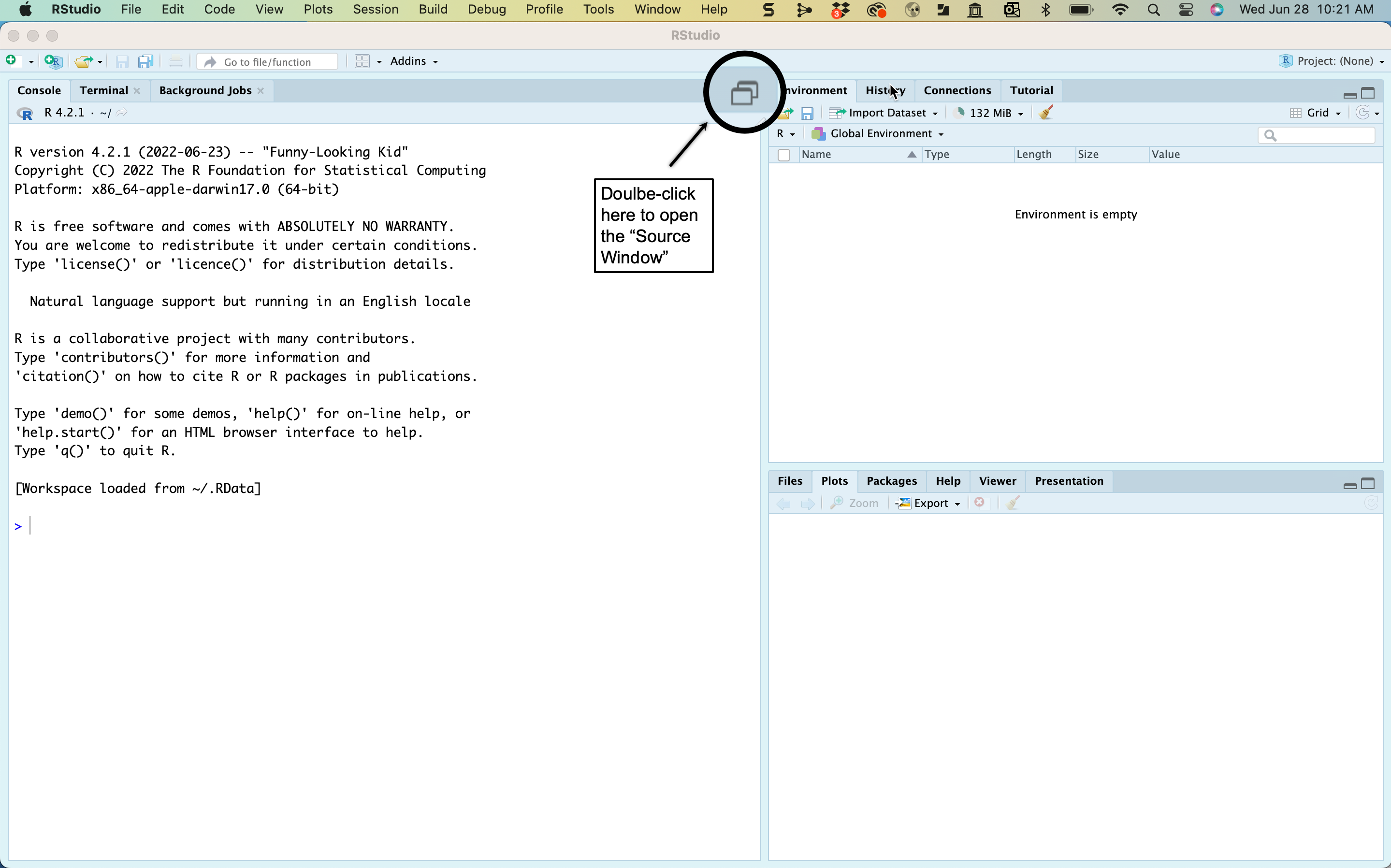 An Annoted Display of Initial RStudio Windows