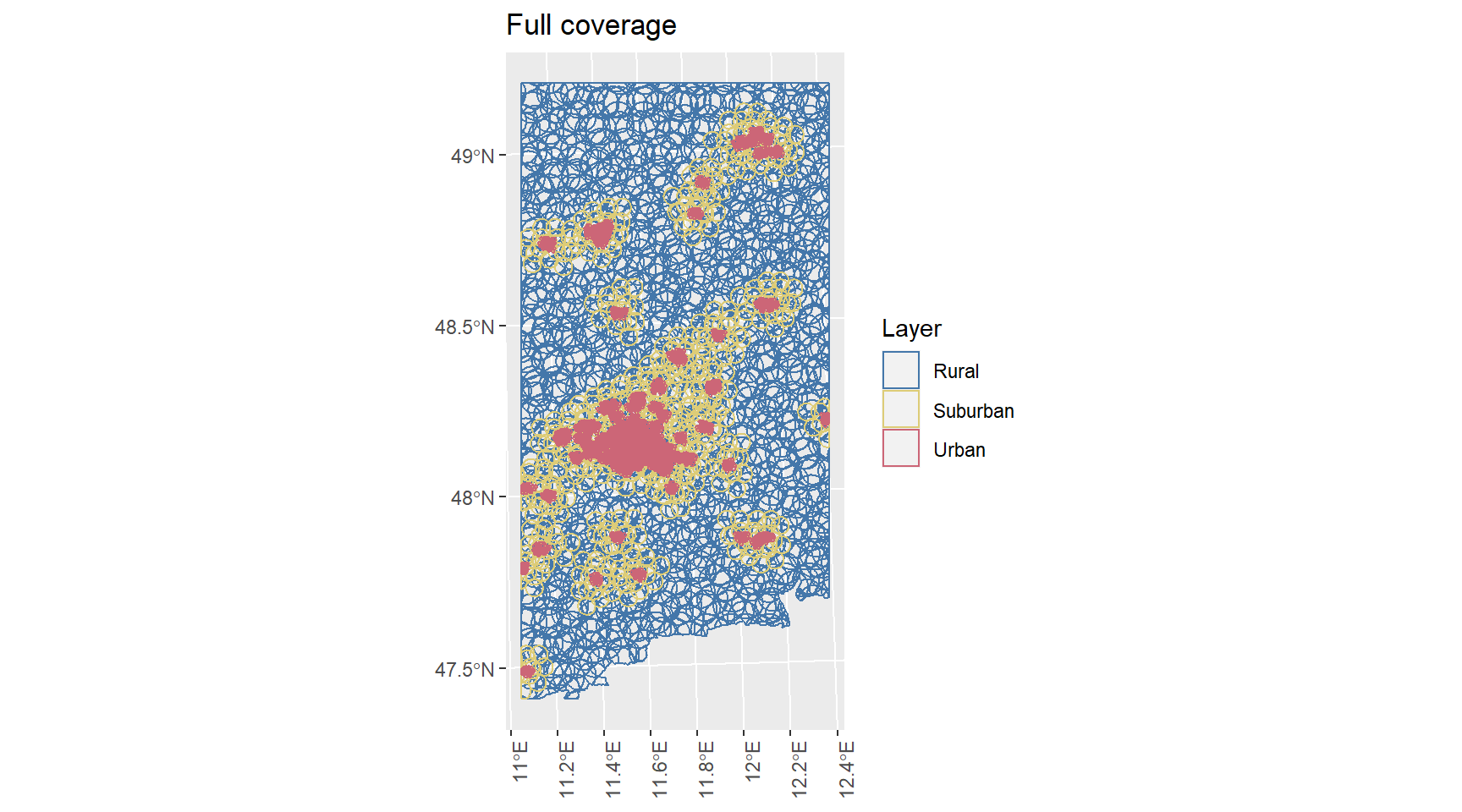 The figure on the left shows the geographical distribution of the tiles classified into the three layers based on the spatial clustering. On the right side, the coverage per layer is represented. The full coverage corresponds to the population density.