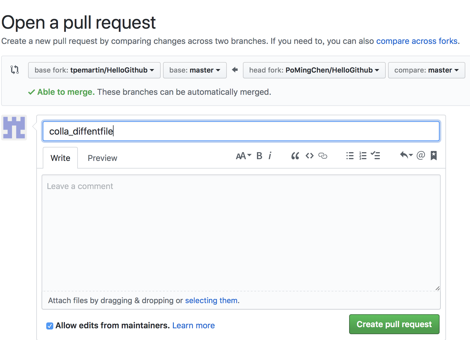 GitHub視窗跳出Open a pull request