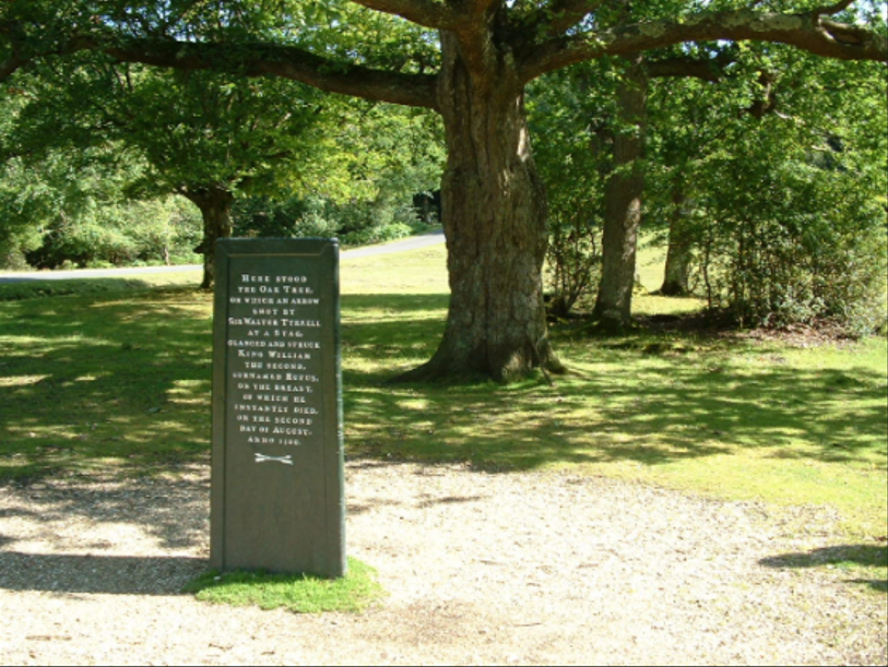 “Here stood the Oak Tree, on which an arrow shot by Sir Walter Tyrell at a stag, glanced and struck King William the Second, surnamed Rufus, on the breast, of which he instantly died, on the second day of August, anno 1100”