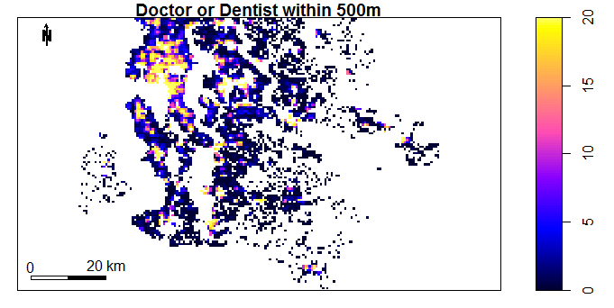 Number of Doctors or Dentists within 500m by Location