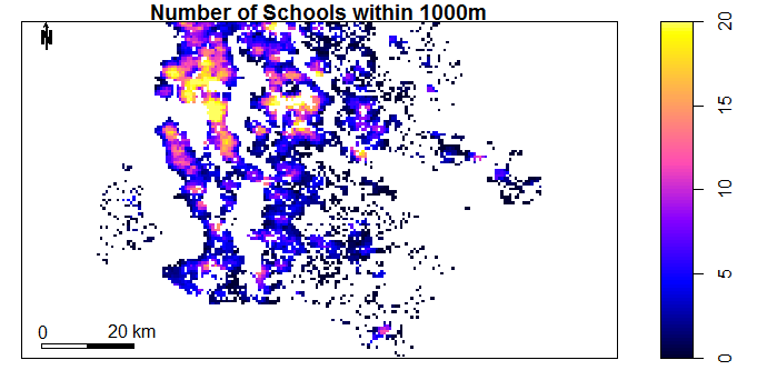 Number of Schools within 1000m by Location