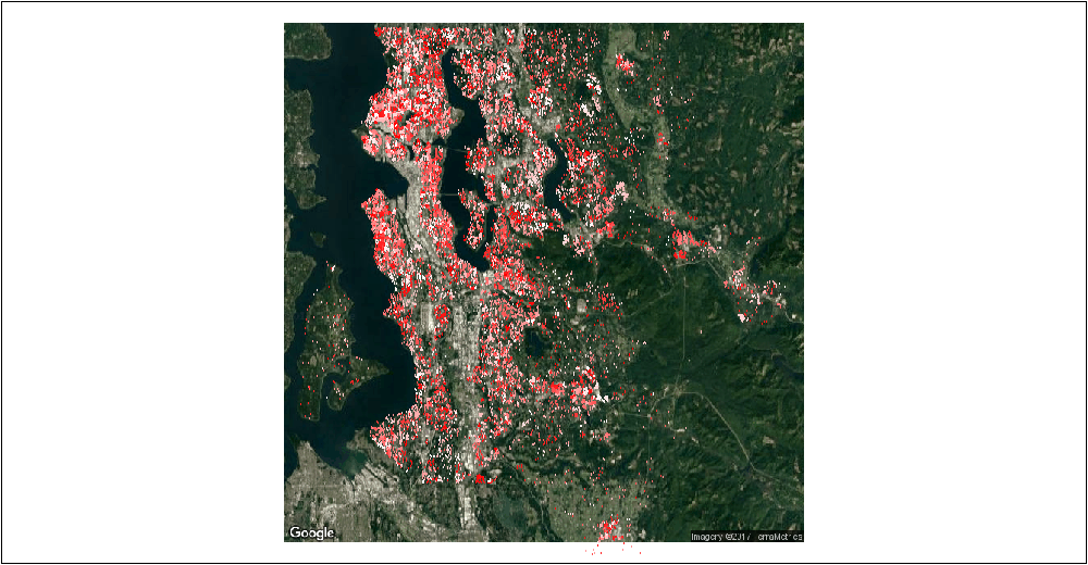 Here is the 21,000 properties in Seattle. The dots represent individual properties. Dark red properties are high value and light red properties are low value.