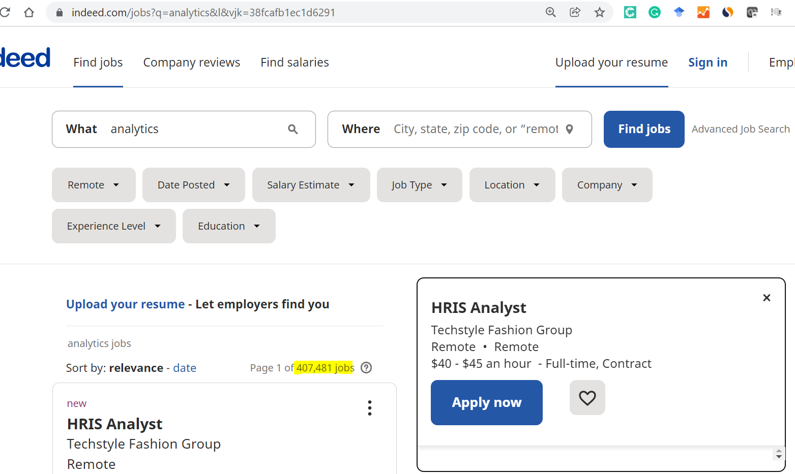 The number of job posts that include analyst (indeed.com, 2022