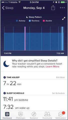 Examples of Fitbit graphics on sleep duration and quality provided to the wearable user on the phone app that is synced to the device. Source: [https//help.fitbit.com](https://help.fitbit.com/articles/en_US/Help_article/2163.htm)