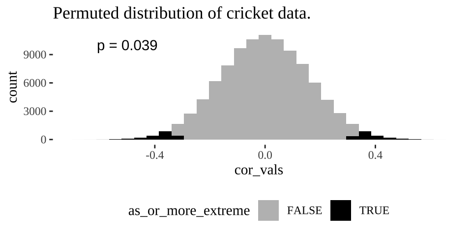 Distribution of permuted correlation coefficients in cricket data. Fewer than five percent of permutations generate correlations  as or more extreme then the actual correlation of -0.328  (P < 0.05).