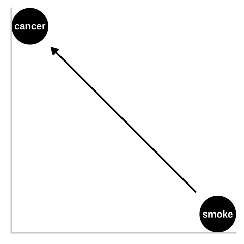 We could represent this causal claim with the simplest causal graph we can imagine. This is our first formal introduction to a Directed Acyclic Graph (herefater DAG). This is *Directed* because **WE** are pointing a causal arrow from smoking to cancer. It is acyclic because causality in these models only flows in one direction, and its a graph because we are looking at it. These DAGs are the backbone of causal thinking because they allow us to lay our causal models out there for the world to see. Here we will largely use DAGs to consider potential causal paths, but these can be used for mathematical and statistical analyses.