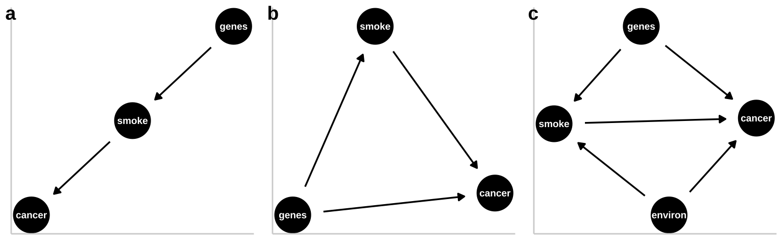Three plausible DAGs concerning the relationship between smoking and cancer. **a** A *pipe* -- Genes cause smoking, and smoking causes cancer. **b** A *collider* -- genes cause cancer and smoking, and smoking causes cancer. **c** Complex reality -- Environmental factors cause smoking and cancer, and genetics cause smoking and cancer, while smoking too causes cancer.