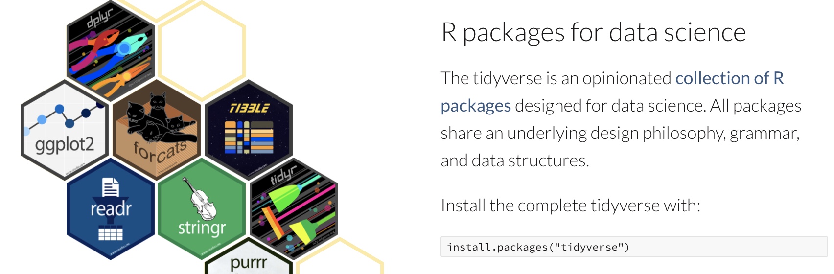 The tidyverse is an opinionated collection of R packages... shar[ing] an underlying design philosophy, grammar, and data structures. - [tidyverse.org](https://www.tidyverse.org/)