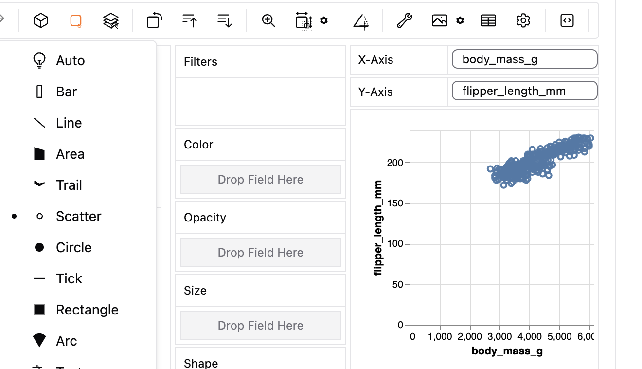 A GWalkR plot with continuous variables on the x and y axis, and showing the data as points (note the black dot next to scatter).