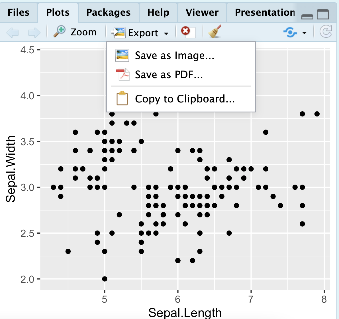 Click on the export tab in the plots pane to save a plot made in R.