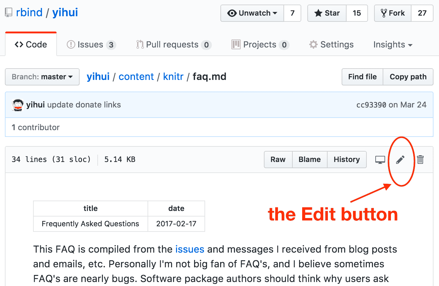 Edit a text file online on GitHub.