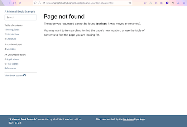 Screenshot showing an online bs4_book with the sidebar, footer, and CSS styling in place. The text reads: Page not found. The page you requested cannot be found (perhaps it was moved or renamed). You may want to try searching to find the page's new location, or use the table of contents to find the page you are looking for.