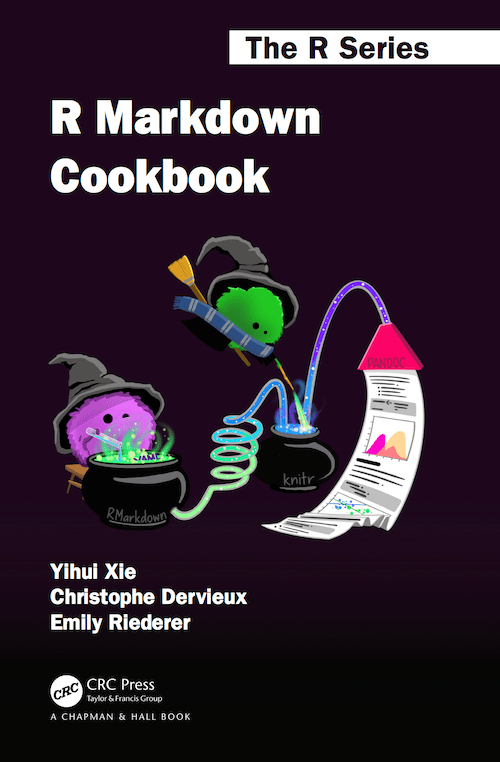 Couverture du livre R Markdown cookbook, avec des petites boules poilues sorcières