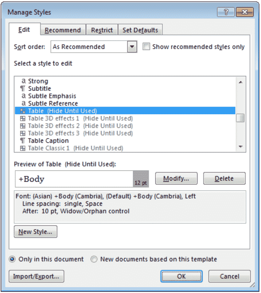 how to apply the shaded style set in word 2013