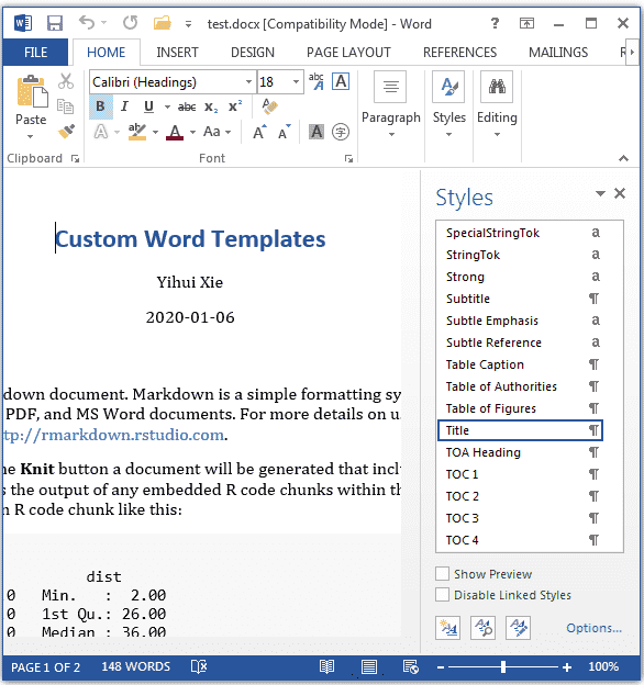 8 1 Custom Word Templates R Markdown Cookbook