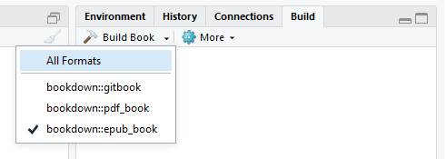 The Build tab within RStudio highlighting bookdown output formats.