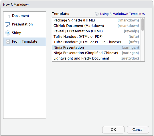 Selecting R Markdown templates within RStudio.